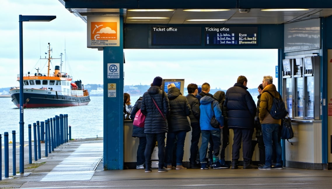 Ticketing office for ferry company with ferry in the background Show people queuing to buy tickets