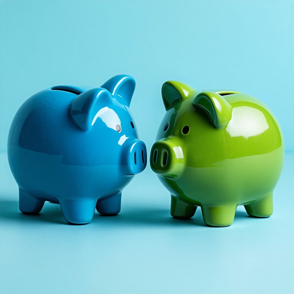 picture of a blue piggy bank being swapped for a green piggy bank-1