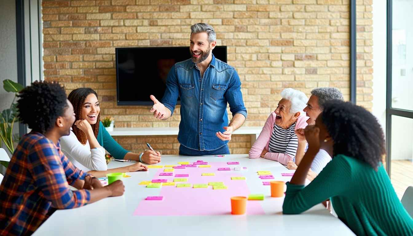a group of people of different ages and races having fun and sitting around a board table Have an medium age guy standing at the end of the table presenting using a TV-1