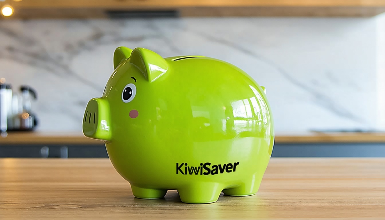 a new zealand Kiwi bird shaped piggy bank with KiwiSaver written on the outside