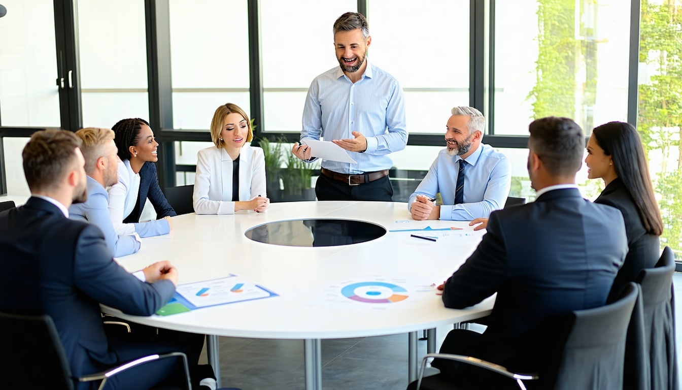 company directors sitting around a round board table with a middle aged guy standing and talking