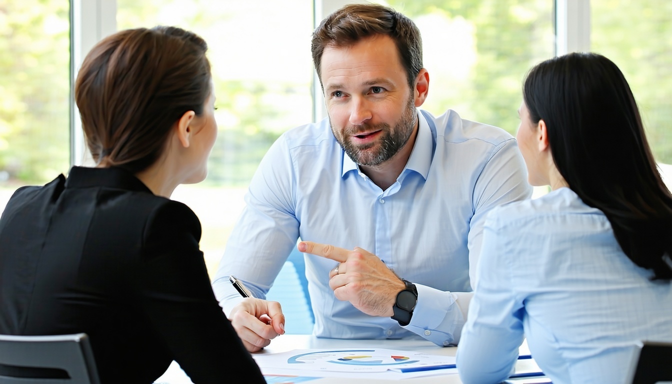 financial adviser in his forties sitting across a table with a couple in their thirties and pointing at a circle shaped diagram-2
