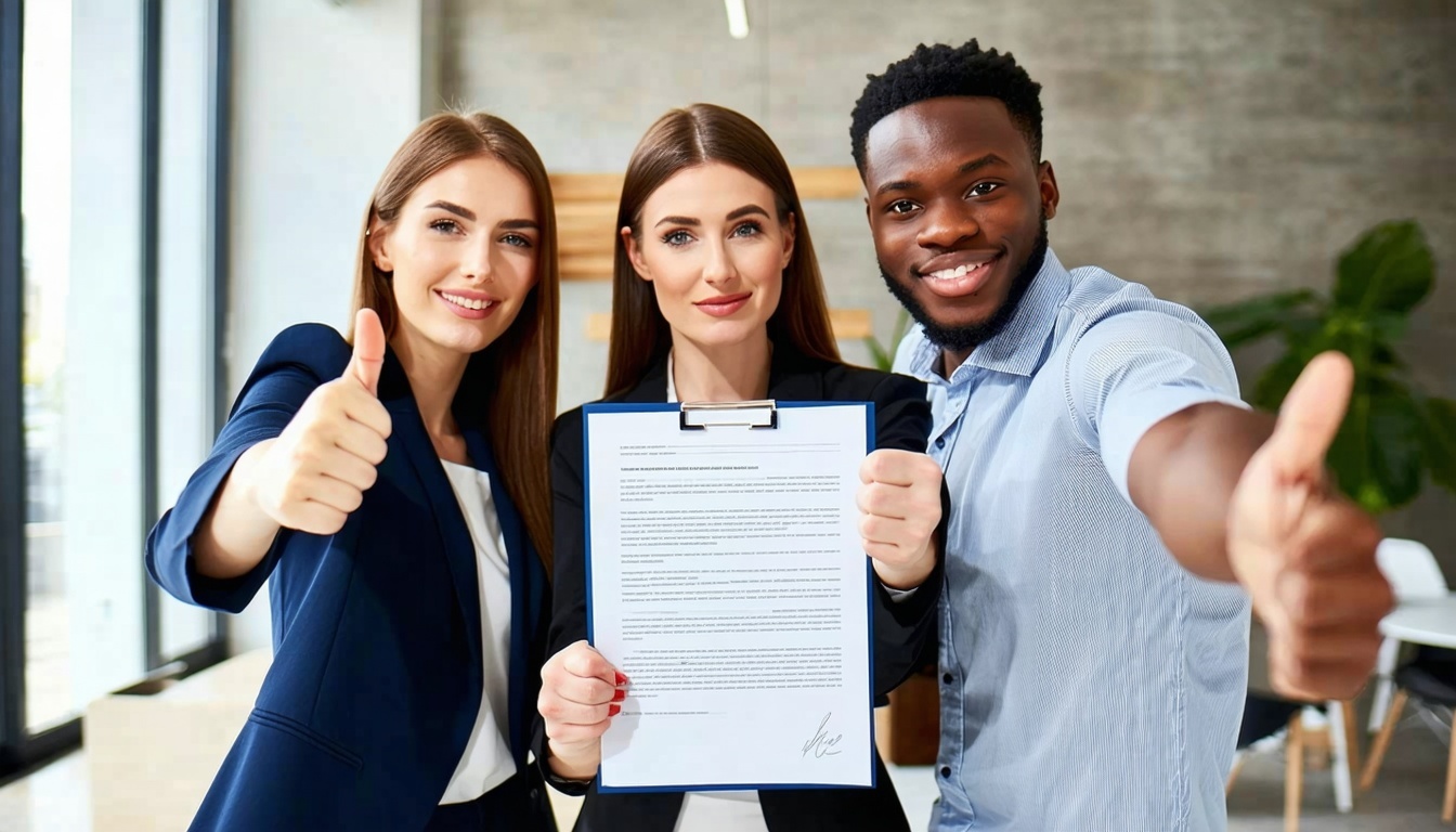 three employees standing and looking at an employment contract with one giving the thumbs up